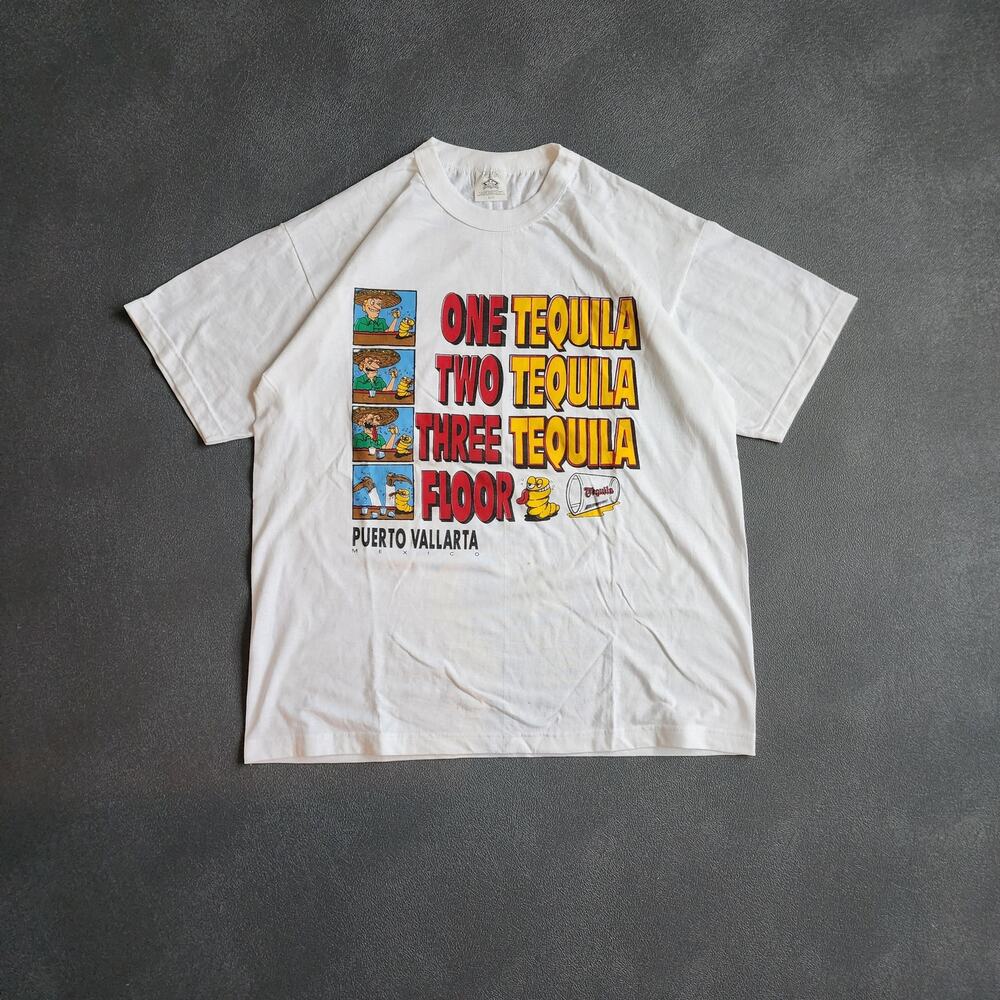 Vintage 90's One Tequila, Two Tequila, Funny Liquor White Shirt XL